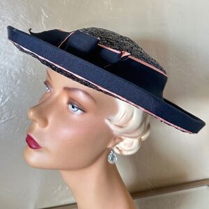 LOVELY 1940's NAVY WIDE BRIM HAT + NAVY/PINK GROSGRAIN TRIM